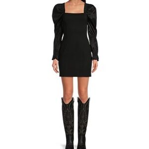 A Loves A Long Woven Sleeve Low Scoop Back Stretch Ponte Mini Sheath Dress.